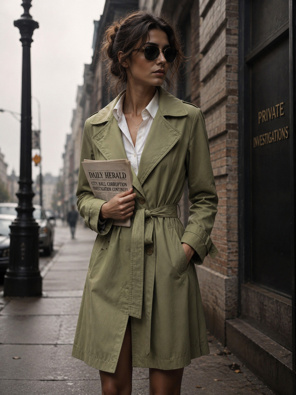 Women’s Sage Green Microfiber Trench Coat S Belted Lightweight Y2K Minimalist